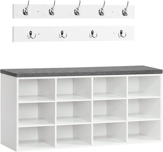 Signature Home Schoenenrek Set met Schoenenbank – Schoenenkast met 12 Vakken en Gewatteerd Zitkussen – Wandkapstok met 9 Haken – Garderobeset voor Hal, Entree en Slaapkamer – Wit