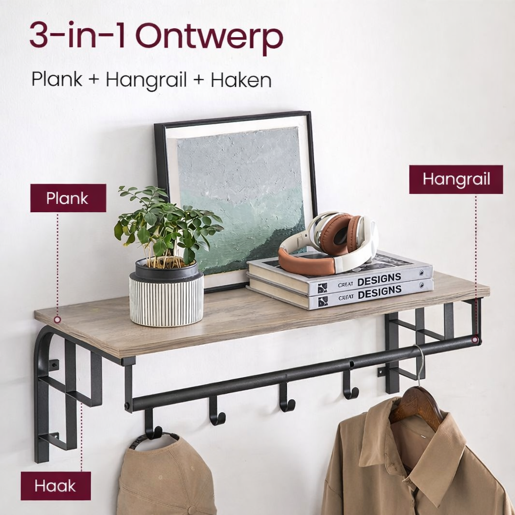 Signature Home Wandkapstok met Plank – Wandgarderobe met Kapstokhaken voor Jassen, Tassen en Accessoires
