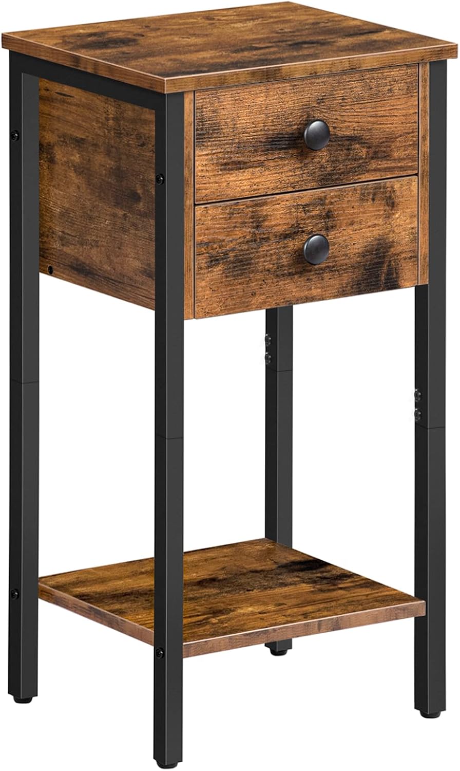 Signature Home Bijzettafel met 2 Lades en Opbergplanken – Hoge Telefoontafel en Nachtkastje – Smalle Sofatafel met Stevig Metalen Frame voor Woonkamer en Slaapkamer – Donkerbruin