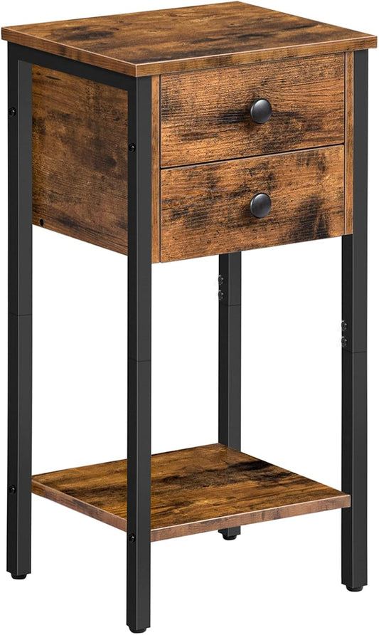 Signature Home Bijzettafel met 2 Lades en Opbergplanken – Hoge Telefoontafel en Nachtkastje – Smalle Sofatafel met Stevig Metalen Frame voor Woonkamer en Slaapkamer – Donkerbruin