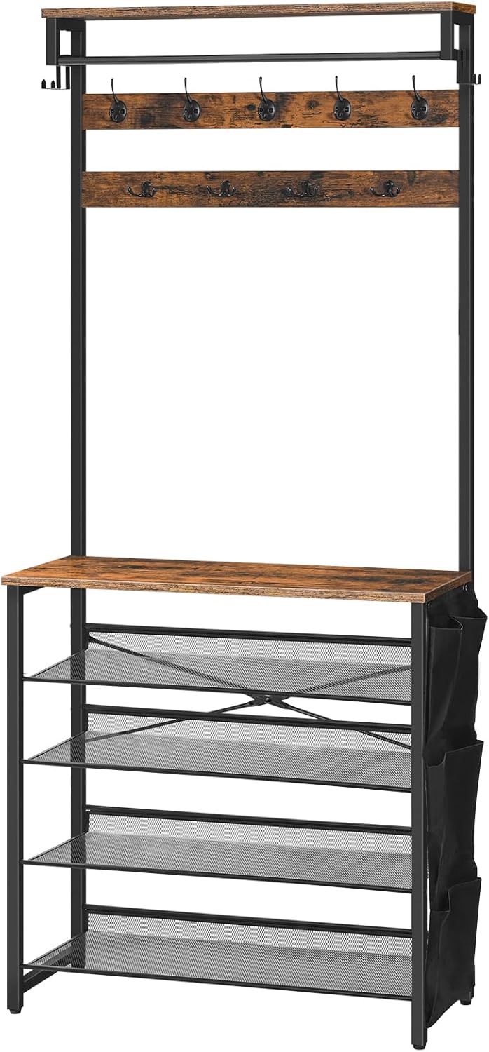 Signature Home Kapstok met Schoenenrek – 5-Laags Schoenenrek met Verstelbare Metalen Roosterplanken – Industriële Garderobe met Schoenenopslag – Stevig en Ruimtebesparend Opbergrek voor Hal, Entree en Slaapkamer – Vintage Bruin