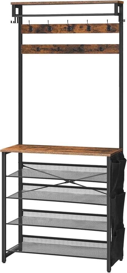 Signature Home Kapstok met Schoenenrek – 5-Laags Schoenenrek met Verstelbare Metalen Roosterplanken – Industriële Garderobe met Schoenenopslag – Stevig en Ruimtebesparend Opbergrek voor Hal, Entree en Slaapkamer – Vintage Bruin
