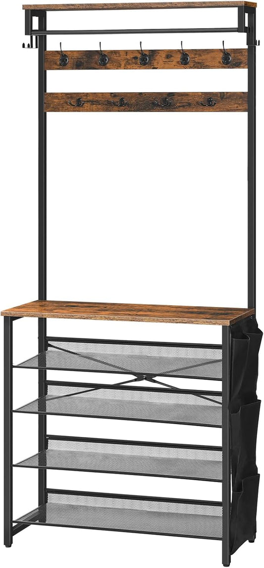 Signature Home Kapstok met Schoenenrek – 5-Laags Schoenenrek met Verstelbare Metalen Roosterplanken – Industriële Garderobe met Schoenenopslag – Stevig en Ruimtebesparend Opbergrek voor Hal, Entree en Slaapkamer – Vintage Bruin
