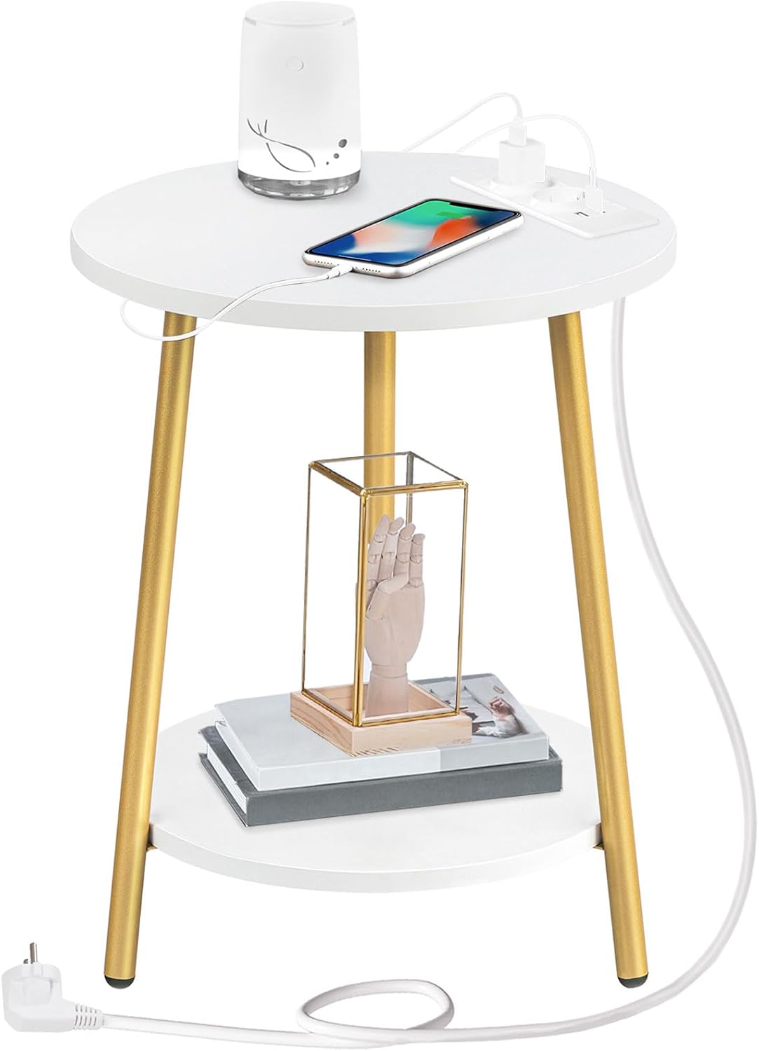 Signature Home Ronde Bijzettafel met Oplaadstation – Salontafel 2 Niveaus met Stopcontact en USB – Nachtkastje voor Kleine Ruimtes – Sofa Tafel voor Woonkamer en Slaapkamer – Wit/Goud