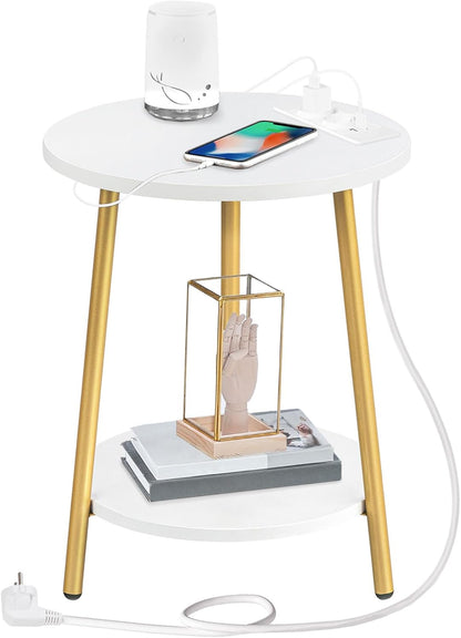 Signature Home Ronde Bijzettafel met Oplaadstation – Salontafel 2 Niveaus met Stopcontact en USB – Nachtkastje voor Kleine Ruimtes – Sofa Tafel voor Woonkamer en Slaapkamer – Wit/Goud