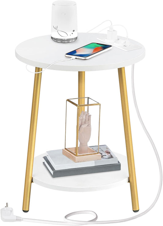 Signature Home Ronde Bijzettafel met Oplaadstation – Salontafel 2 Niveaus met Stopcontact en USB – Nachtkastje voor Kleine Ruimtes – Sofa Tafel voor Woonkamer en Slaapkamer – Wit/Goud
