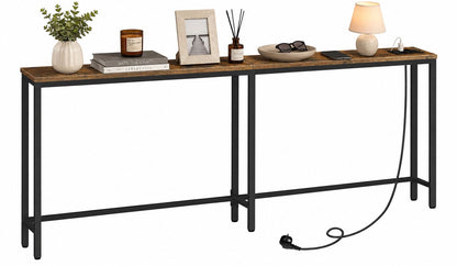 Signature Home Consoletafel met Stopcontact 180 cm - Smalle Sidetable met Oplaadstation - Console tafel - Haltafel Achter Bank - bijzettafel met USB Oplaadpunten - Vintage Bruin/Zwart