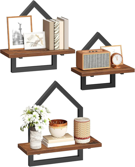 Signature Home Wandplanken Set van 3 – Zwevende Wandrekken in Groot, Middel en Klein Formaat – Industriële Wanddecoratie met Vijfhoekig Metalen Frame – DIY Wandplanken met Opbergruimte voor Woonkamer, Slaapkamer, Badkamer en Keuken – Vintage Bruin/Zwart
