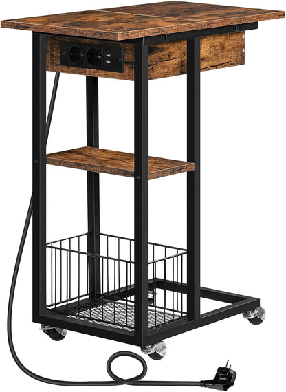 Signature Home Bijzettafel met Oplaadstation – Opklapbare C-Vormige Banktafel met Wielen en Opbergplank – Smalle Salontafel & Nachtkastje – Verrijdbare Bijzettafel voor Woonkamer en Slaapkamer – Donkerbruin