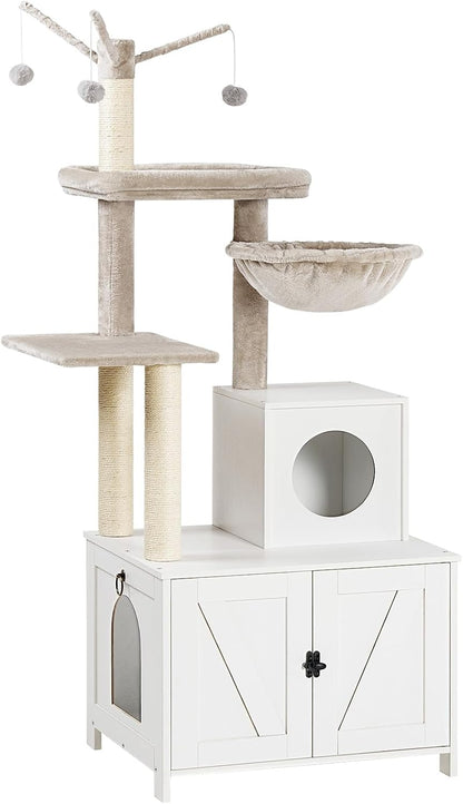 Signature Home Kattenkrabpaal met Kattenbakmeubel 60 x 48 x 151 cm – All-in-One Kattenmeubel met Klimboom, Kattenhuis en Afneembare Pluche Bal – Wit