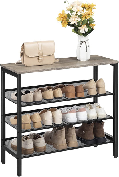 Signature Home 4-Laags Schoenenrek met Verstelbare Rechte of Schuine Planken – Schoenenbank met 3 Metalen Roosterplanken – Stevig Schoenenrek voor Hal, Entree en Slaapkamer – Greige/Zwart