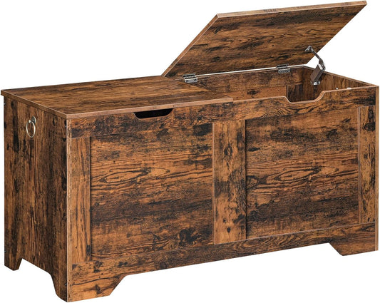 Opbergbank, houten opbergkist met 2 deksels, speelgoedopbergdoos met interne verdeler, 2 veiligheidsscharnieren, grote dekenbox, 2 vakken, voor entree, rustiek bruin
