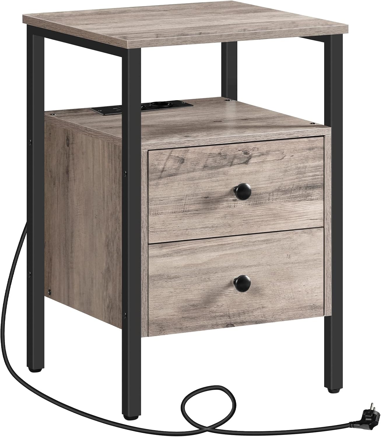 Signature Home Nachtkastje met Stopcontacten en USB-Poorten – Bijzettafel met Lade en Opbergplank – Smalle Sidetable & Salontafel met Oplaadstation – Ruimtebesparend voor Slaapkamer en Woonkamer – Eenvoudig te Monteren