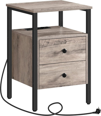Signature Home Nachtkastje met Stopcontacten en USB-Poorten – Bijzettafel met Lade en Opbergplank – Smalle Sidetable & Salontafel met Oplaadstation – Ruimtebesparend voor Slaapkamer en Woonkamer – Eenvoudig te Monteren