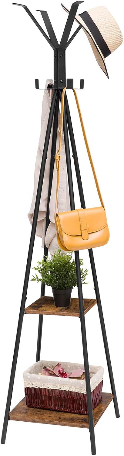 Signature Home Vrijstaande Kapstok – Kledingstandaard met 8 Kledinghaken en 2 Opbergplanken – 42 × 42 × 179 cm – Stevig Metalen Garderoberek voor Jassen, Tassen & Hoeden – Vintage Stijl