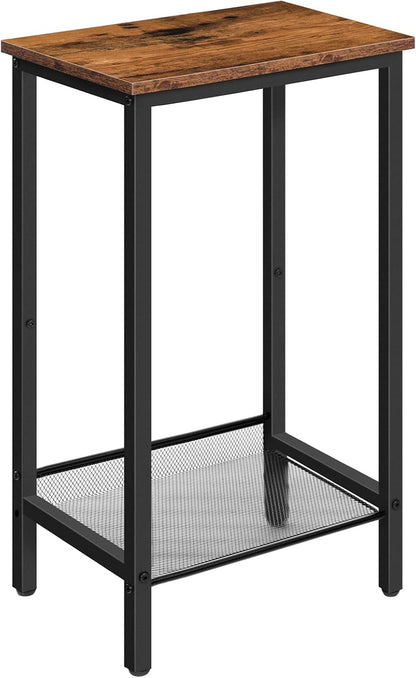 Signature Home Hoge Bijzettafel met Verstelbaar Metalen Roosterplank – Smalle Telefoontafel, Nachtkastje en Banktafel – Industriële Sidetable met Opbergruimte voor Woonkamer, Hal, Slaapkamer en Kantoor – 38 x 28 x 73,5 cm – Donkerbruin