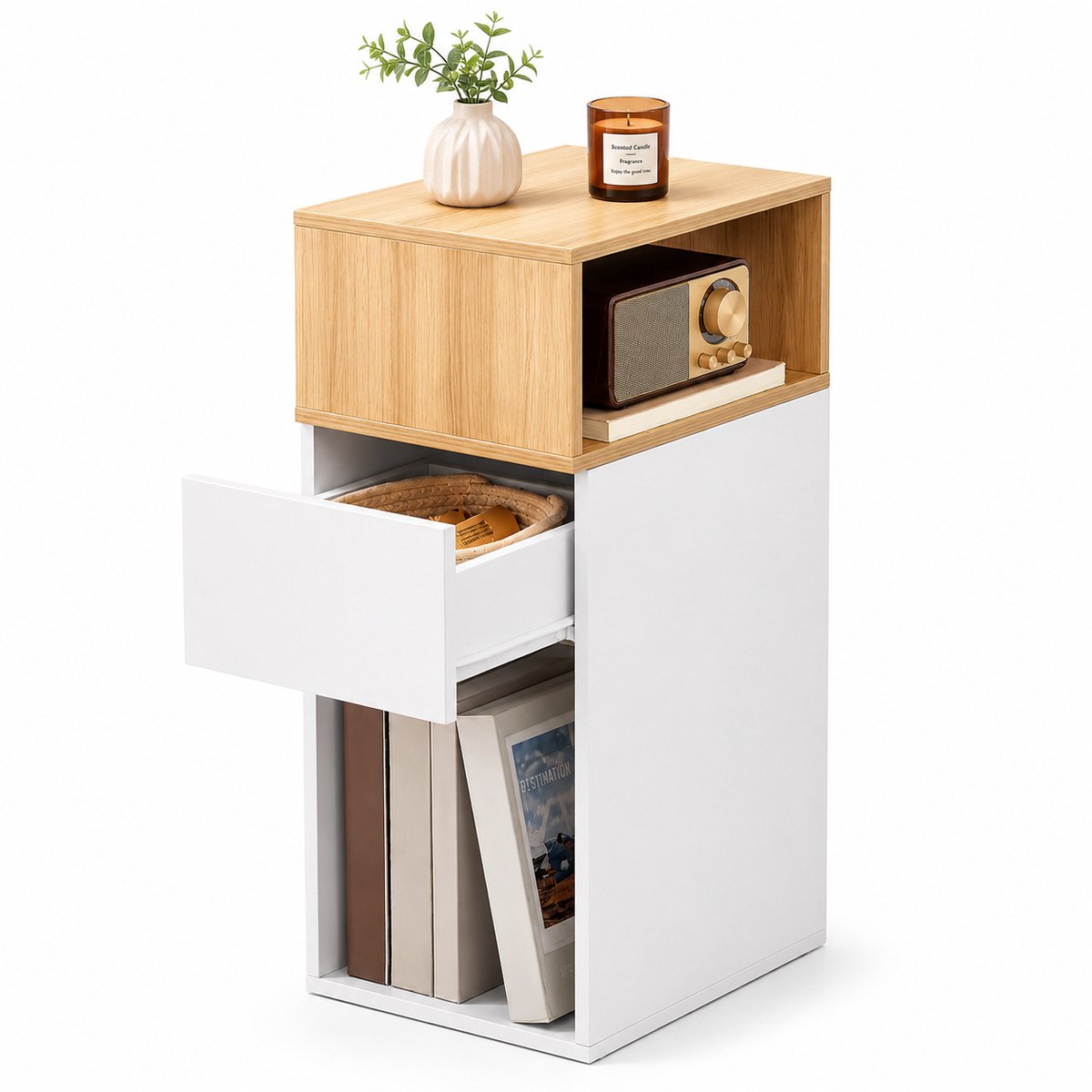 Signature home Nachtkastje Smal met Lade en Open Vakken – Klein Bedtafeltje met Opbergruimte – Bijzettafel voor Slaapkamer, Woonkamer en Kleine Ruimtes – Wit/Naturel - 25 x 30.5 x 65.5