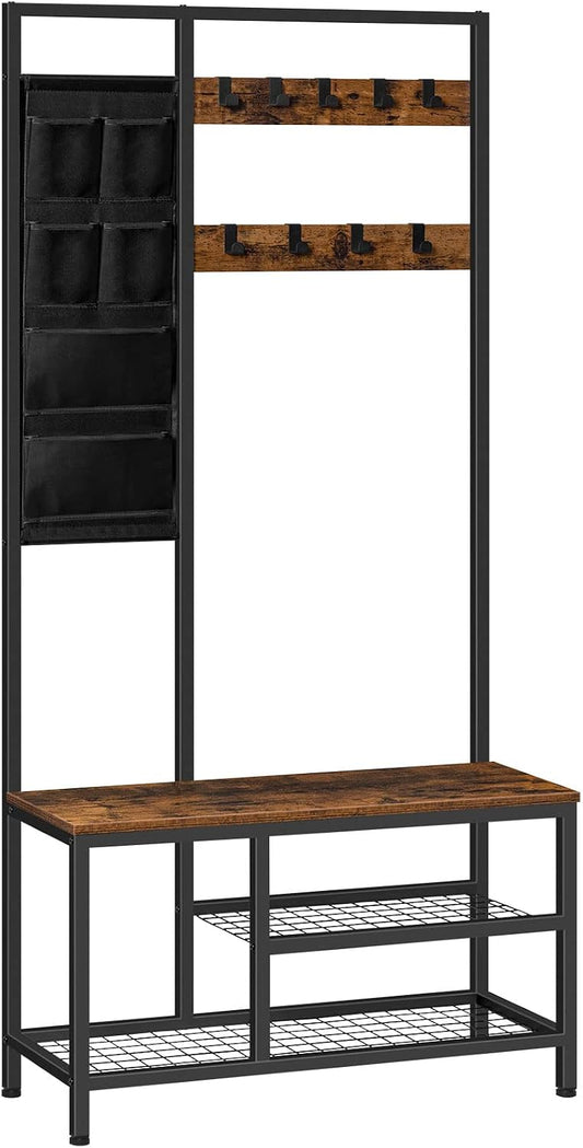 Signature Home Kapstok met Schoenenrek en Zitbank – Garderoberek met 9 Haken en 6 Opbergvakken – Schoenenbank met Opbergruimte – Staande Kapstok met Bankje – Industrieel Halmeubel voor Hal, Gang, Woonkamer en Slaapkamer – Vintage Bruin/Zwart