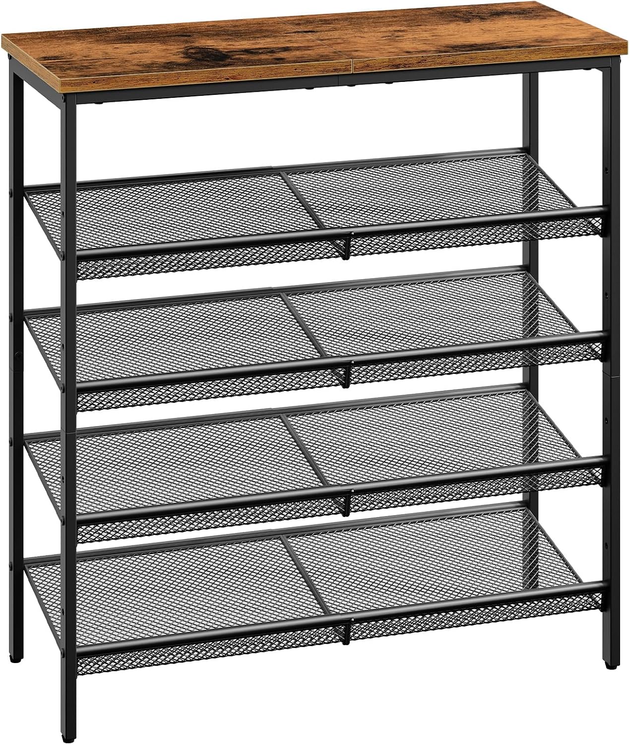Signature Home Schoenenrek 5-Laags – Schoenenkast met Verstelbare Metalen Gaasplanken en Ruim Bovenblad – Voor 16–20 Paar Schoenen – Voor Entree en Gang – Industrieel Design – Vintage Bruin/Zwart