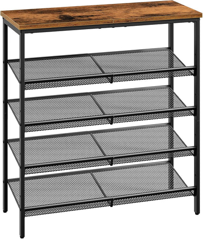 Signature Home Schoenenrek 5-Laags – Schoenenkast met Verstelbare Metalen Gaasplanken en Ruim Bovenblad – Voor 16–20 Paar Schoenen – Voor Entree en Gang – Industrieel Design – Vintage Bruin/Zwart