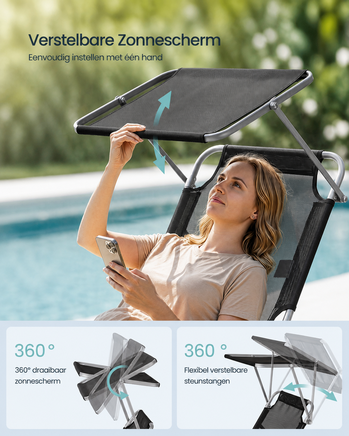 Signature Home Opvouwbaar Zonneligbed 189 x 53 x 28,5 cm met Verstelbare Rugleuning en Zonnescherm – Comfortabele Ligstoel voor Tuin, Strand en Camping