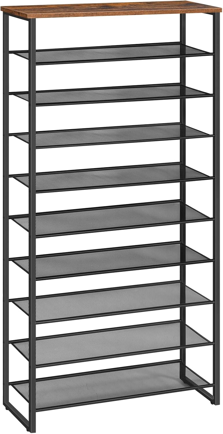 Signature Home Schoenenrek 10 Laags – Hoog en Smal Schoenenrek voor 32-40 Paar Schoenen – Ruimtebesparende Schoenenopberger met Metalen Frame – voor Hal, Woonkamer en Slaapkamer – Vintage Bruin/Zwart