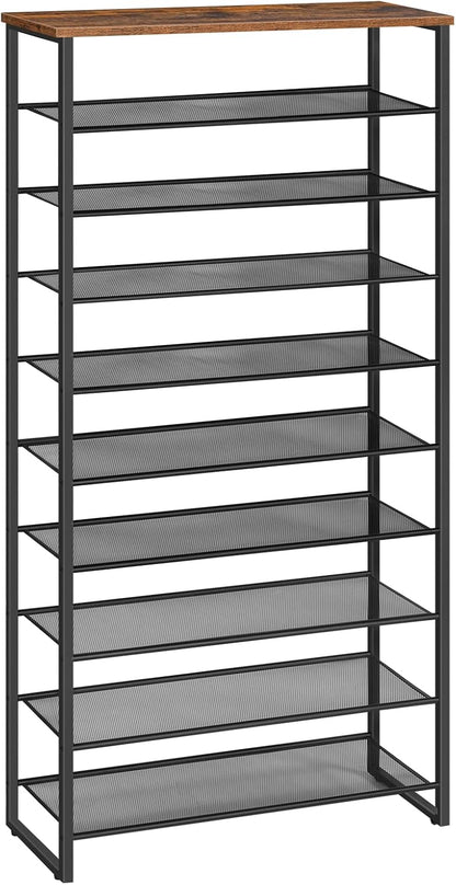 Signature Home Schoenenrek 10 Laags – Hoog en Smal Schoenenrek voor 32-40 Paar Schoenen – Ruimtebesparende Schoenenopberger met Metalen Frame – voor Hal, Woonkamer en Slaapkamer – Vintage Bruin/Zwart