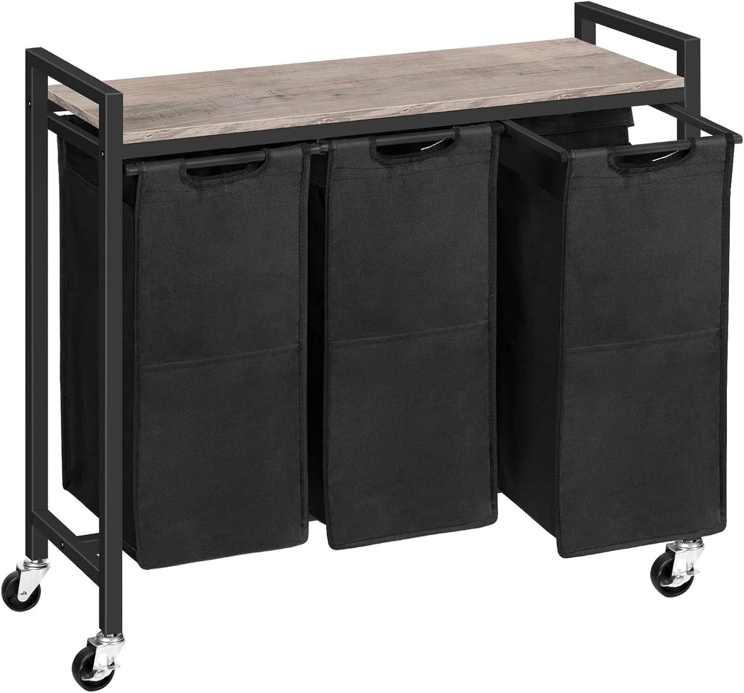 Signature Home Wasmand met 3 Vakken en Opbergplank – Verrijdbare Wasmand met Wielen – 3 x 39,8 L Wasgoedmand – Uitneembare Oxford Stoffen Waszakken – Wassorteerder voor Badkamer en Wasruimte – Greige/Zwart