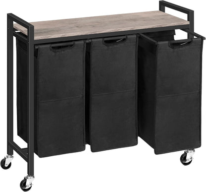 Signature Home Wasmand met 3 Vakken en Opbergplank – Verrijdbare Wasmand met Wielen – 3 x 39,8 L Wasgoedmand – Uitneembare Oxford Stoffen Waszakken – Wassorteerder voor Badkamer en Wasruimte – Greige/Zwart