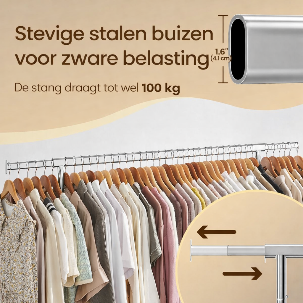 Signature Home Kledingrek met Wielen – Uitschuifbaar Garderoberek – Verstelbare Kledingstang voor Extra Ophangruimte