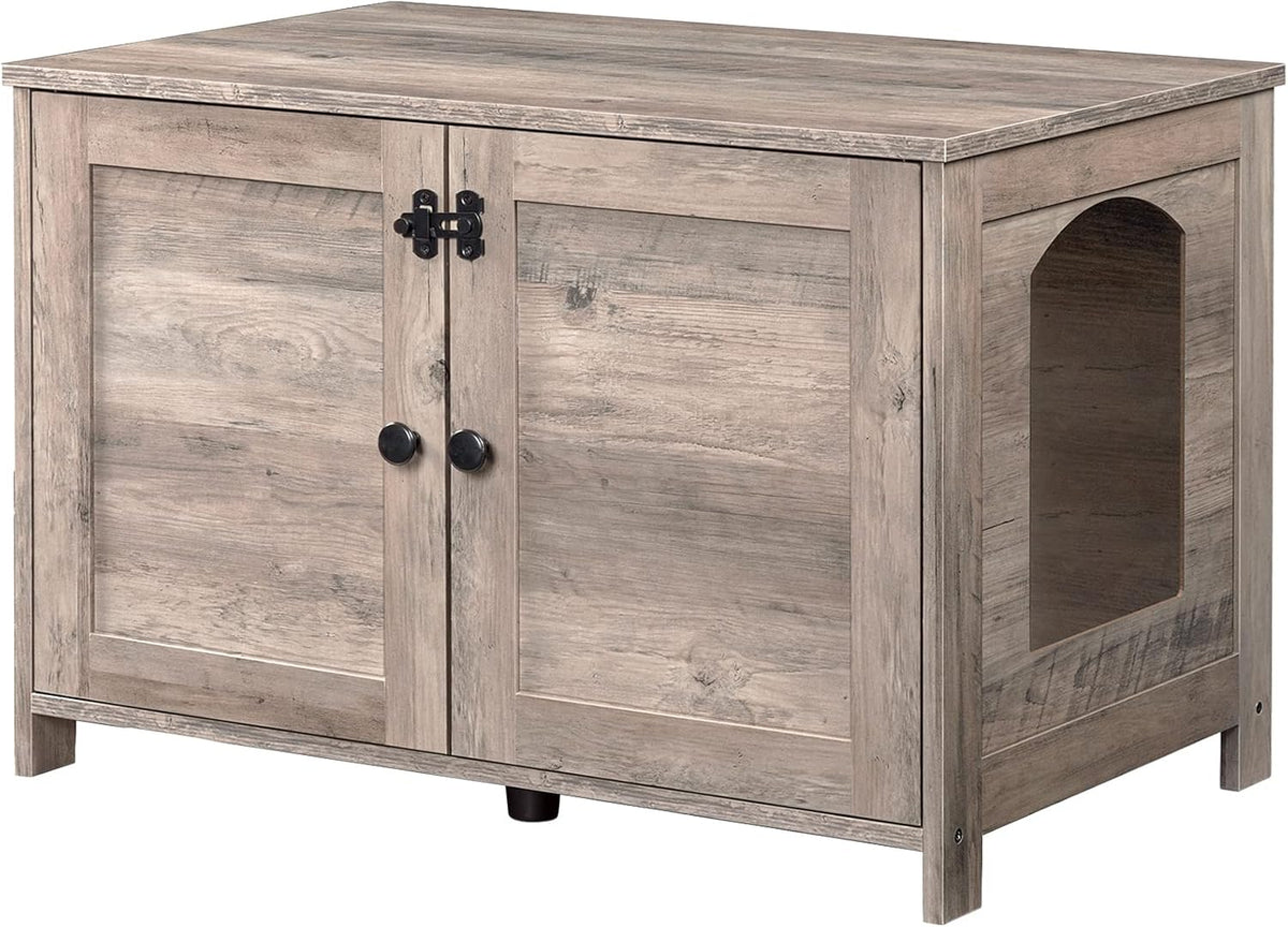 Signature Home Kattenbak Meubel met Deur en Scheidingswand – Kattenbak Kast & Kattenhuis – Stevige Kattenkast met Opbergruimte – Kattenbak Ombouw, Opbergbank & Nachtkastje – Greige