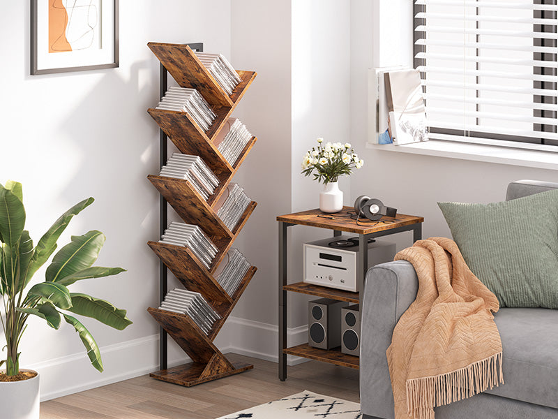 Signature Home Boomvorm Boekenkast 9 Niveaus – Hoge Vrijstaande Boekenkast voor Woonkamer, CD- en Albumrek, Rustiek Bruin/Zwart