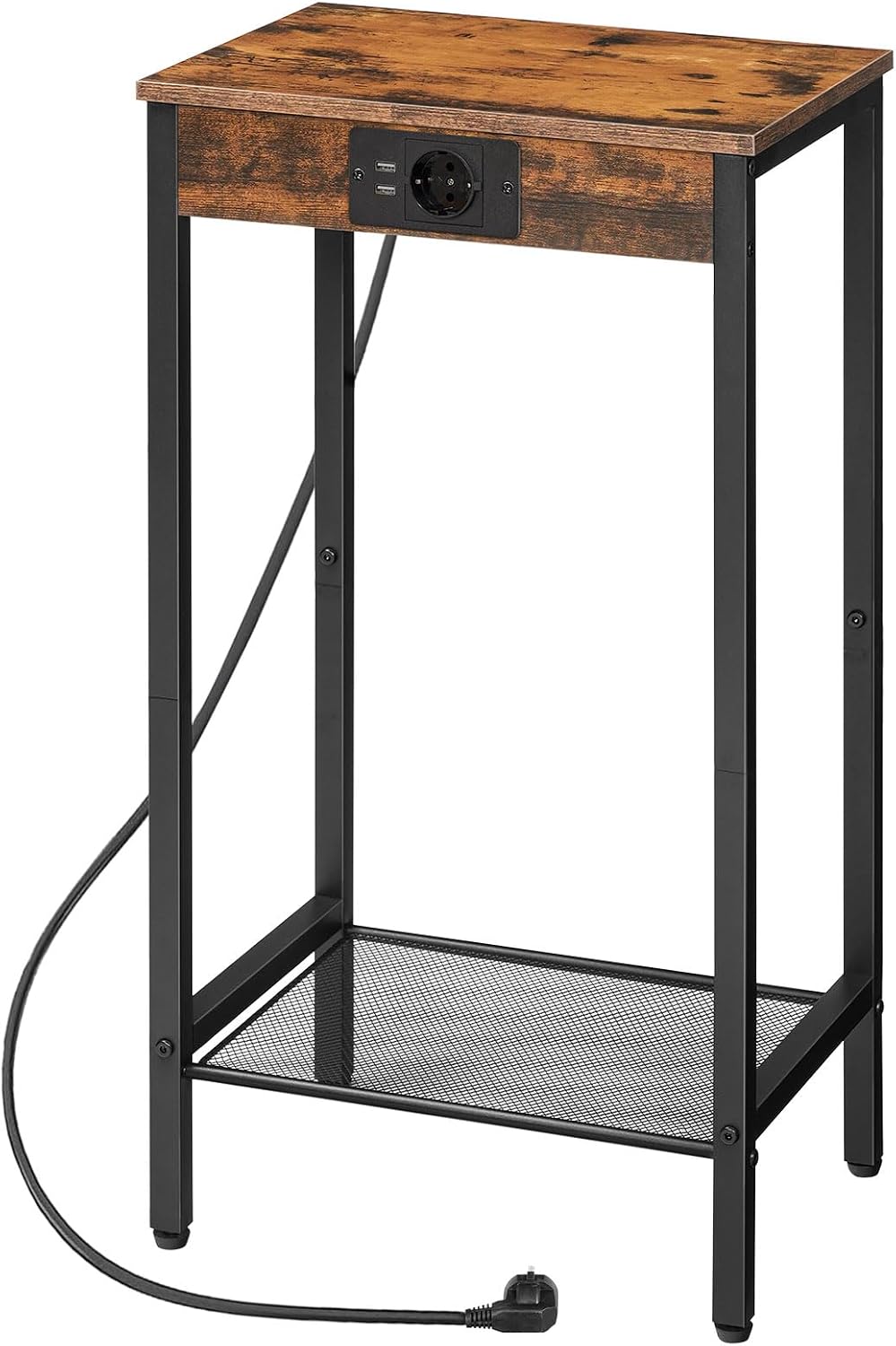 Signature Home Bijzettafel met Oplaadstation en Stopcontact – Smal Nachtkastje met Netplank – Hoge Telefoontafel voor Woonkamer en Slaapkamer – Vintage Bruin/Zwart