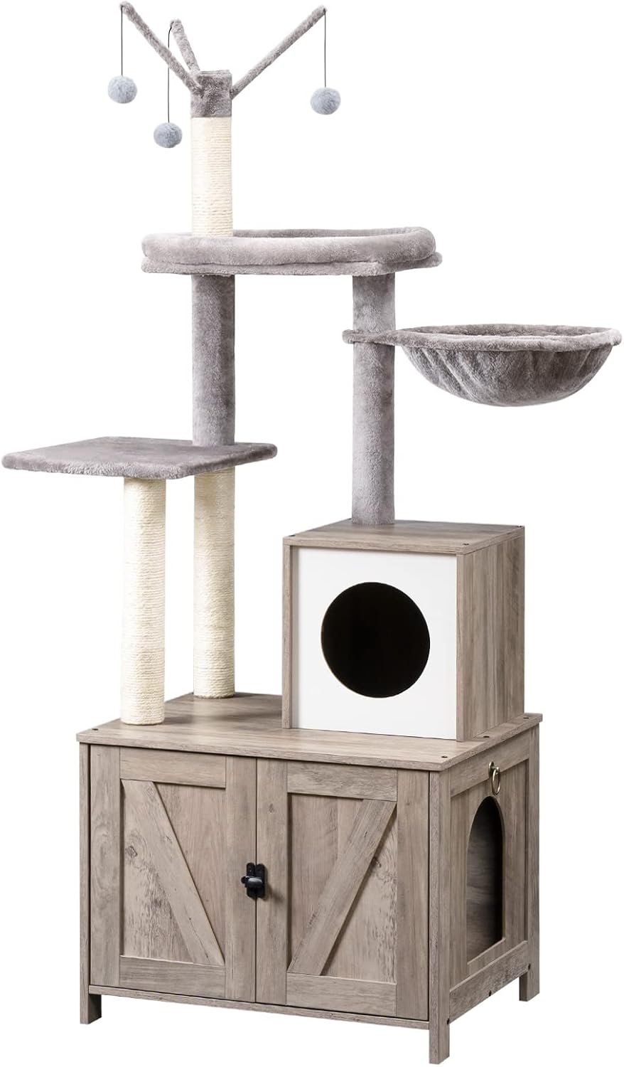 Signaature Home Kattenkrabpaal met Kattenbakmeubel 2-in-1 – 150 cm Hoge Kattenboom met Verborgen Kattenbak, Sisalpalen, Uitneembare Pluche Bal en Kast – Greige