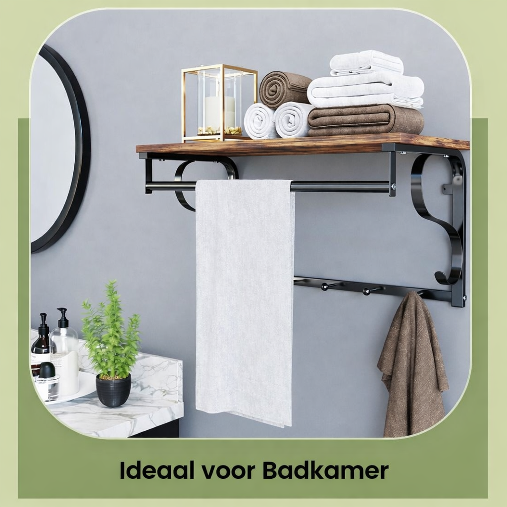 Signature Home Wandkapstok met Plank en 5 Haken – Wandgarderobe met Hangrail en Opbergruimte voor Jassen en Tassen