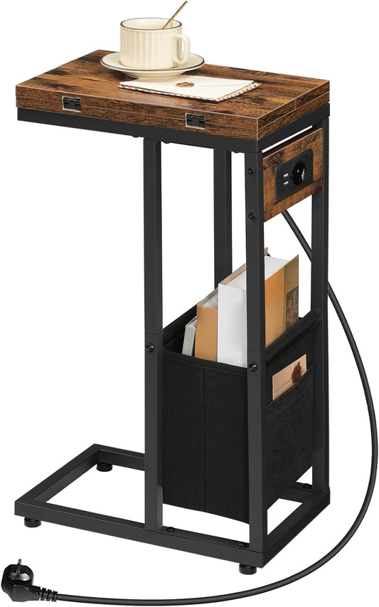 Signature Home Bijzettafel met Oplaadstation – C-Vormige Salontafel met Stopcontact en 2 USB-Poorten – Opklapbare Banktafel met Stoffen Opbergtas – Industriële Bijzettafel voor Woonkamer en Slaapkamer – Vintage Bruin/Zwart