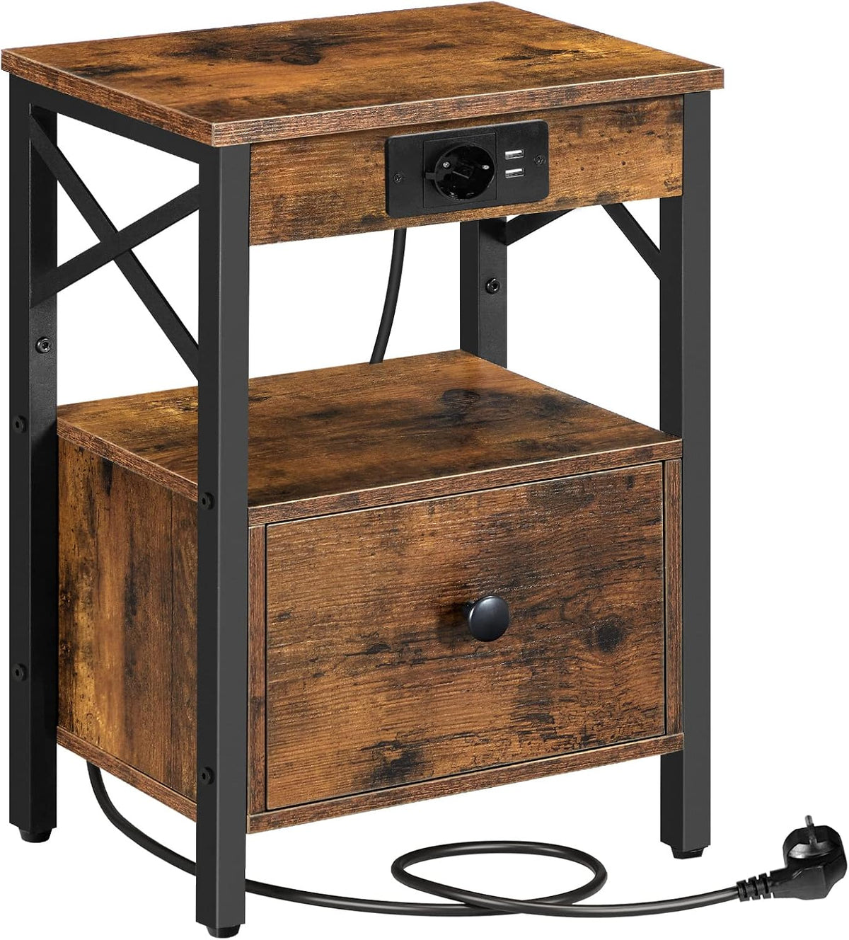 Signature Home Nachtkastje met Oplaadstation – Bijzettafel met Opklapbare Lade – USB-Poorten & Stopcontact – Bedkastje voor Slaapkamer – Industrieel Design – Vintage Bruin/Zwart