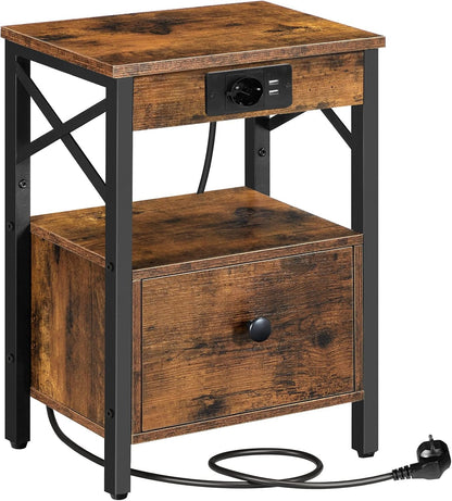 Signature Home Nachtkastje met Oplaadstation – Bijzettafel met Opklapbare Lade – USB-Poorten & Stopcontact – Bedkastje voor Slaapkamer – Industrieel Design – Vintage Bruin/Zwart