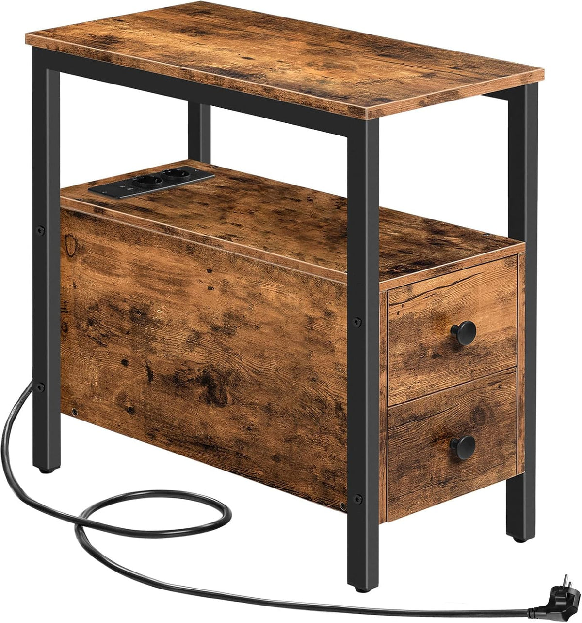 Signature Home Bijzettafel met Oplaadstation – Smalle Banktafel met 2 Laden, USB-Poort & Stopcontact – Nachtkastje voor Kleine Ruimtes – Stevig en Stabiel – Woonkamer & Slaapkamer – Donkerbruin