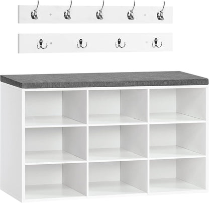 Signature Home Garderobeset met Schoenenrek en Zitbank – Schoenenbank met 9 Vakken, Zacht Gewatteerd Zitkussen, Wandkapstok met 9 Haken, Schoenenkast voor Hal, Entree en Slaapkamer, Wit