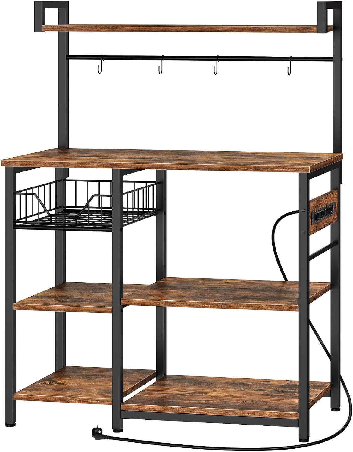 Signature Home Keukenrek met Stopcontacten – Staand Magnetronrek 40 × 90 × 132 cm – Opbergrek met Planken en 4 S-Haken – Keukenstelling voor Magnetron & Keukenapparatuur – Industrieel Vintage Bruin/Zwart