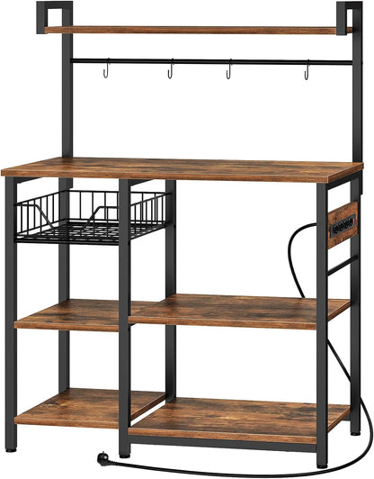 Signature Home Keukenrek met Stopcontacten – Staand Magnetronrek 40 × 90 × 132 cm – Opbergrek met Planken en 4 S-Haken – Keukenstelling voor Magnetron & Keukenapparatuur – Industrieel Vintage Bruin/Zwart