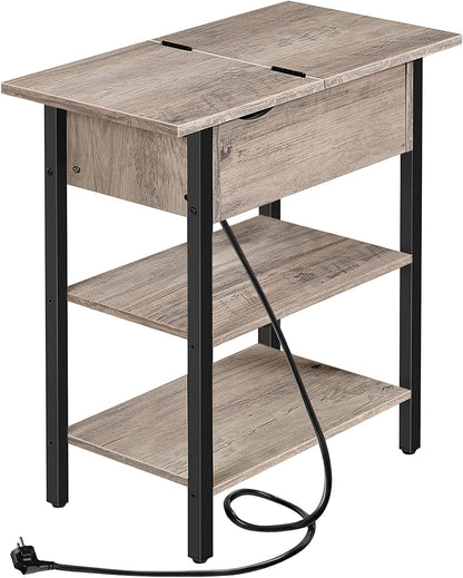 Signature Home Bijzettafel met Oplaadstation en Opbergruimte – Smalle Sofa- en Nachtkasttafel met Opklapbaar Blad – Stopcontacten & USB-poorten – Stevige Bijzettafel voor Woonkamer en Slaapkamer – Greige/Zwart