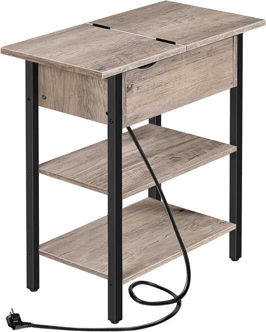 Signature Home Bijzettafel met Oplaadstation en Opbergruimte – Smalle Sofa- en Nachtkasttafel met Opklapbaar Blad – Stopcontacten & USB-poorten – Stevige Bijzettafel voor Woonkamer en Slaapkamer – Greige/Zwart