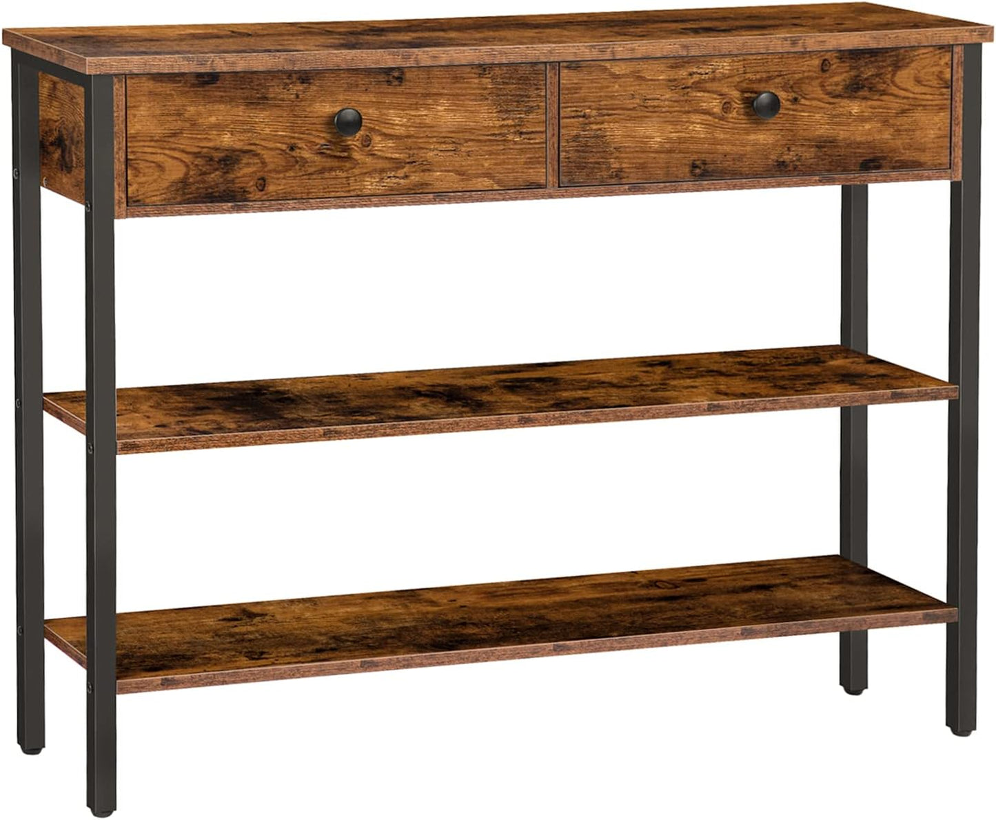 Signature Home Console Tafel met Lade en 2 Opbergplanken – Smalle Haltafel/Sidetable met Stevig Metalen Frame – 100 x 24 x 80 cm – voor Entree, Gang en Woonkamer – Vintage Bruin/Zwart