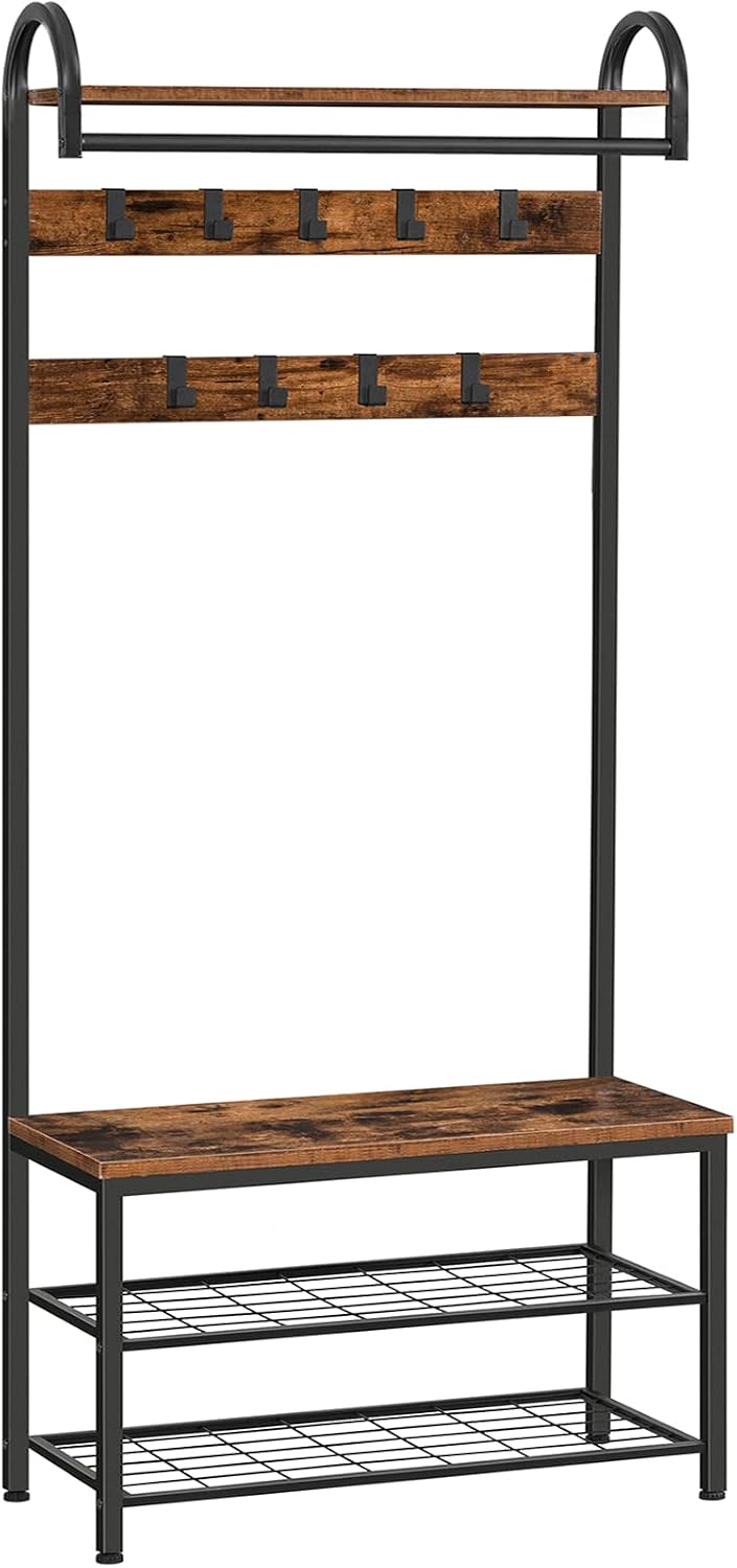 Signature Home Kapstok met Schoenenrek en Zitbank – Garderoberek met 9 Haken en Kledingstang – Staande Kapstok met Schoenenbank – Metalen Frame – 182 cm Hoog – Voor Hal, Gang en Slaapkamer – Vintage Bruin/Zwart