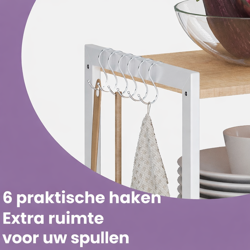 Signature Home Vrijstaand Keukenrek met Haken en Planken – Multifunctioneel Opbergrek voor Keuken, Bakkerij en Aanrecht