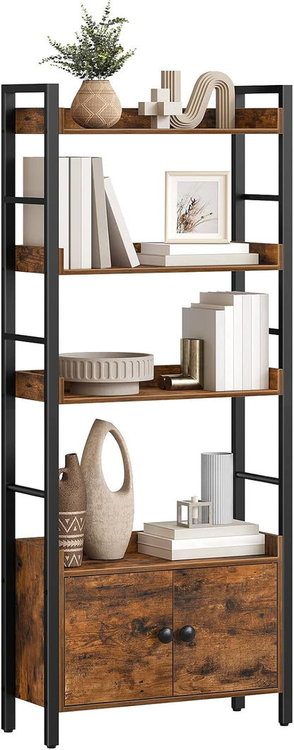 Signature Home Boekenkast met Deuren en 4 Niveaus – Industriële Staande Opbergkast met Open Planken – Stevige Opbergrek voor Woonkamer, Kantoor, Keuken, Werkkamer en Hal