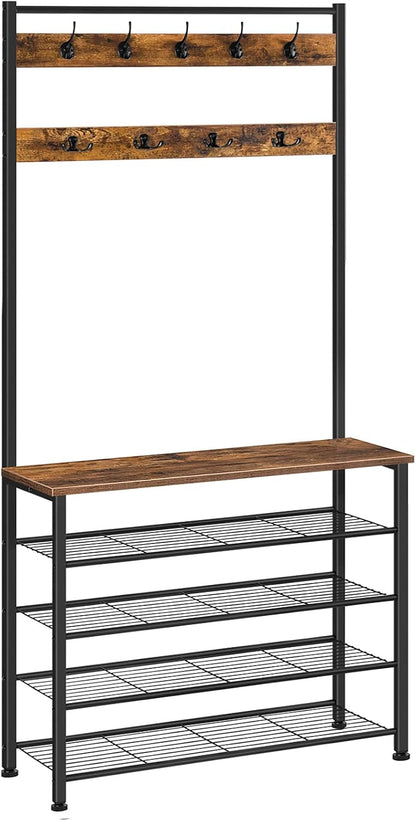 Signature Home Kapstok met Schoenenrek 5 Niveaus – Kledingrek met Garderobe, Vrijstaande Kapstok voor Hal, Entree en Gang, Industrieel Design, Donkerbruin/Zwart