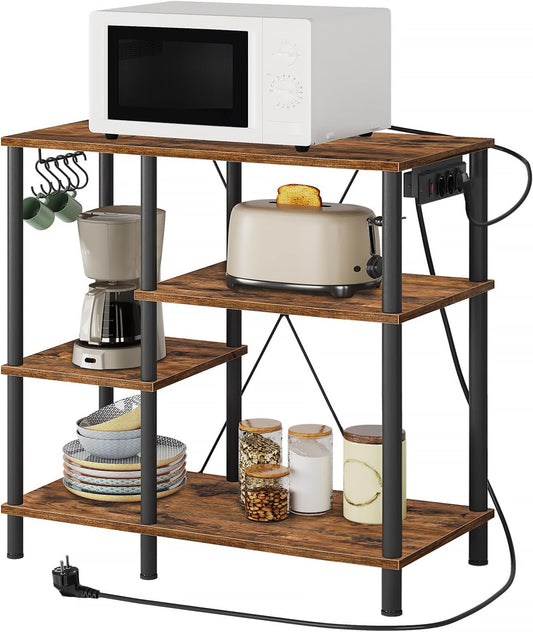 Signature Home Keukenrek met Stopcontacten – Magnetronrek met 5 S-Haken – Staand Keuken Opbergrek met Planken – Bakkersrek en Magnetronstandaard – Industrieel Keukenmeubel voor Keuken en Woonkamer – 38 x 90 x 86 cm – Vintage Bruin/Zwart